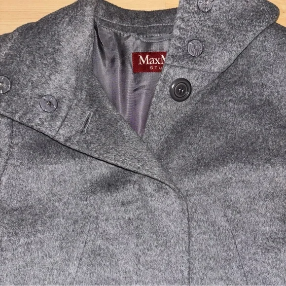 Max Mara Studio Agnese Virgin Wool FunnelNeck Grey Coat Sz 2 Designer Minimalist